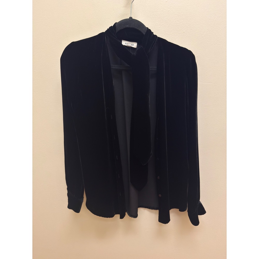 L'AGENCE Gisele Black Velvet Tie-Neck Blouse Long Sleeve Button Down Top 1210CCF - Picture 5 of 8